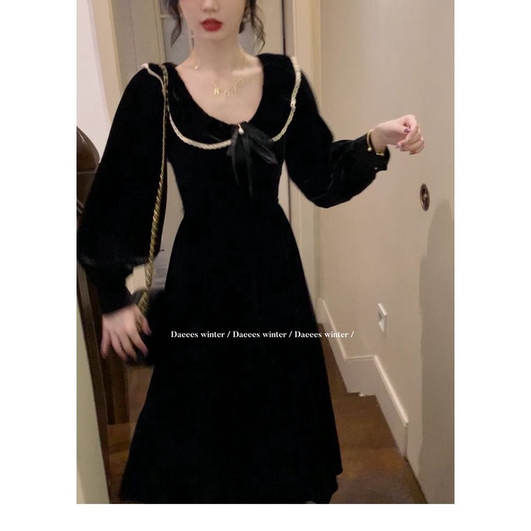 2023 Đầm midi Đen Tay Dài Phong Cách Retro Thanh Lịch Cho Nữ