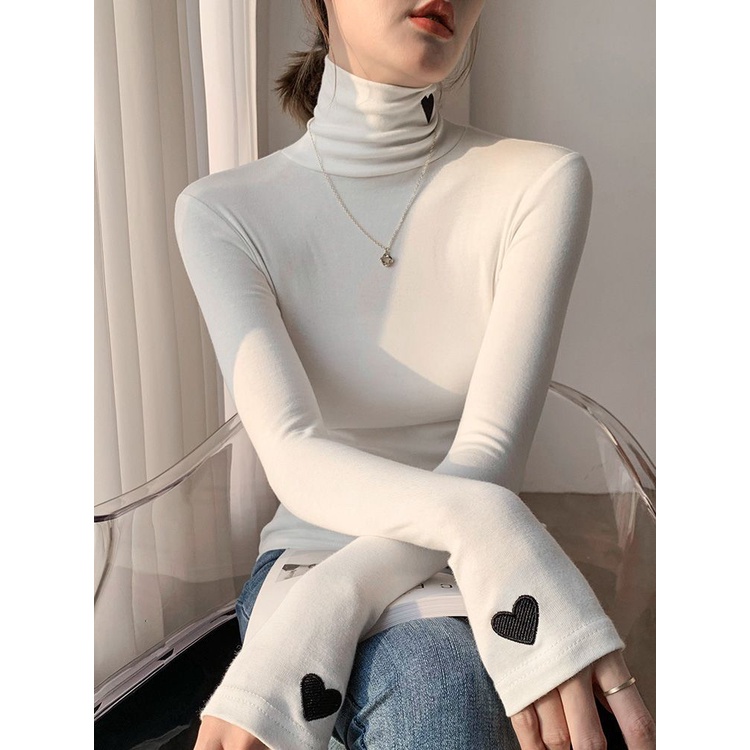 Áo Thun Nữ Cổ Cao Thêu Hình Trái Tim Phong Cách Hàn Quốc