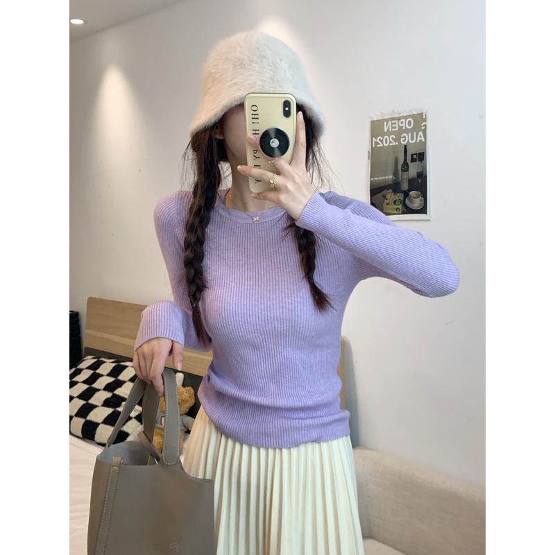 Áo Len Tay Dài Cổ Tròn Màu Trơn Thiết Kế Mỏng Kiểu Dáng Mới Thời Trang Dành Cho Nữ