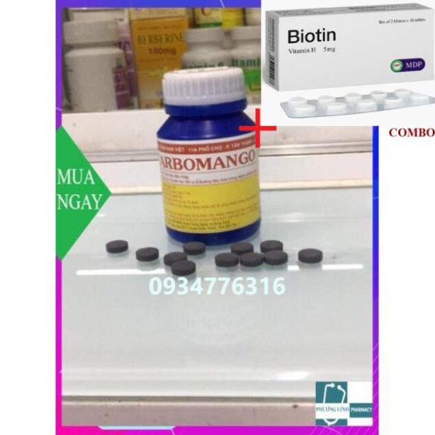 Combo Biotin 5mg+ Carbomango đầy bụng, đầy hơi, khó tiêu, tiêu chảy....( chai 100 viên)