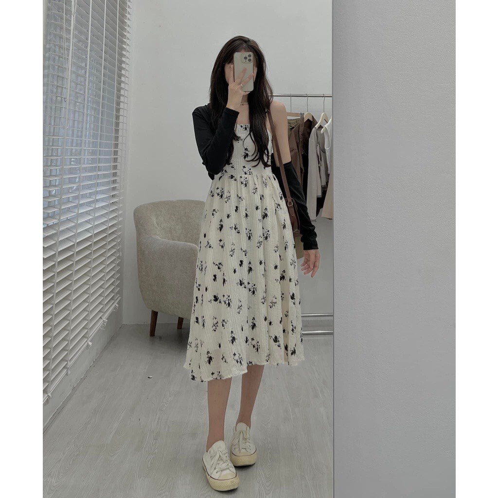 Set váy 2 dây hoa nhí kèm áo khoác cardigan croptop  Đầm 2 dây vintage dáng dài style hàn quốc ANASHOP9X