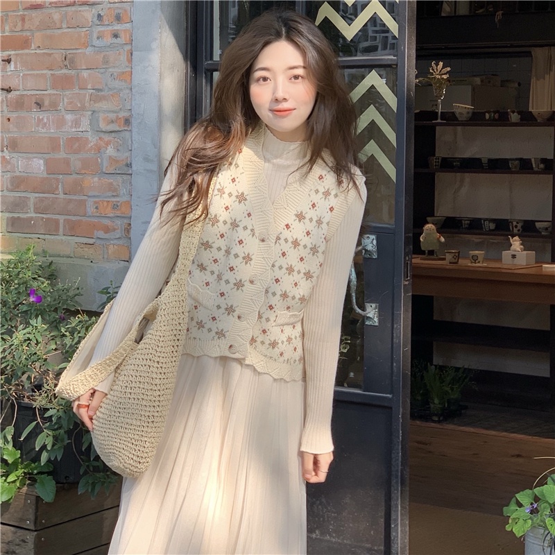 Áo khoác gile len nữ kiểu hoa nhí vintage, gile len nữ phối váy len phong cách hàn quốc mẫu mới 0618