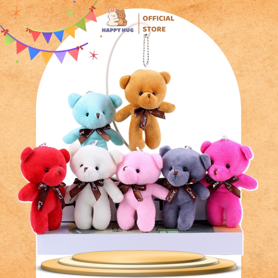 Móc khóa gấu bông,móc treo ba lô đính nơ dễ thương size 12cm, lông ngắn mềm mịn - Happy Hug