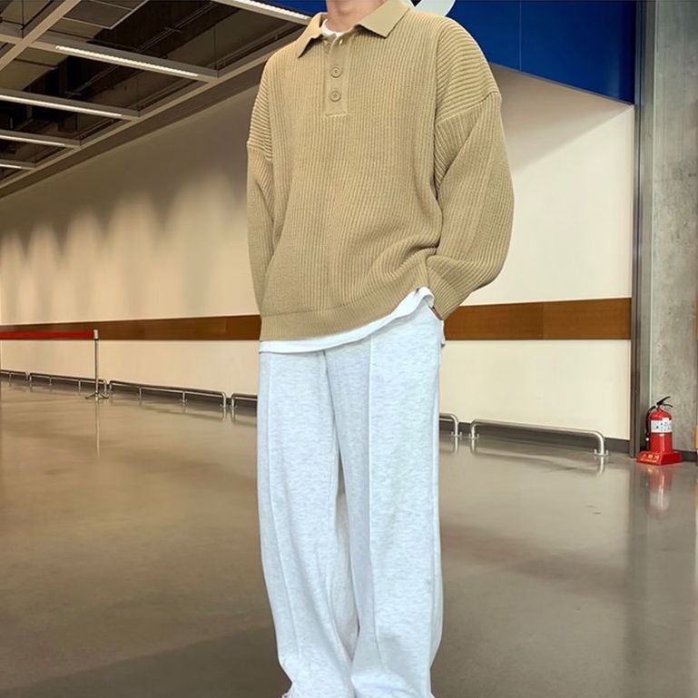 Áo Polo Dệt Kim Tay Dài Dáng Rộng Màu Trơn Thời Trang Hàn Quốc Dành Cho Nam Nữ Áo Thu Đông Áo Len Hàn Quốc Mùa Đông Giữ Nhiệt Nam