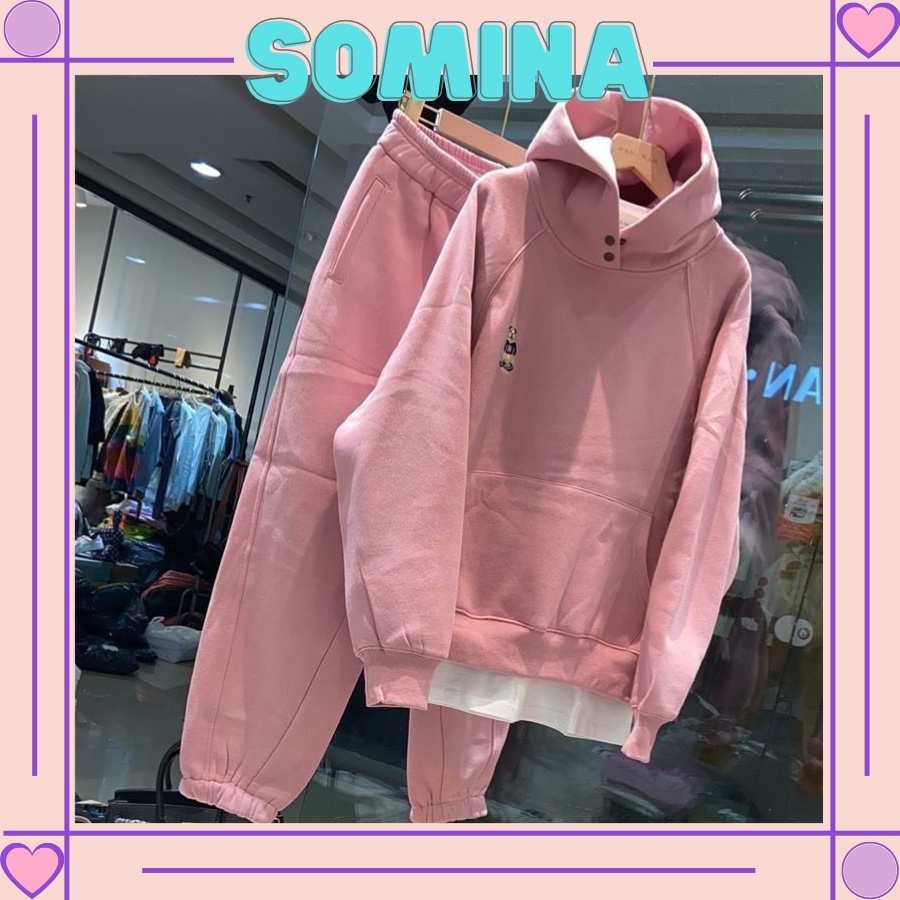 Set hoodie bấm cúc thêu gấu quần áo dài tay nỉ trần bông form rộng Somina