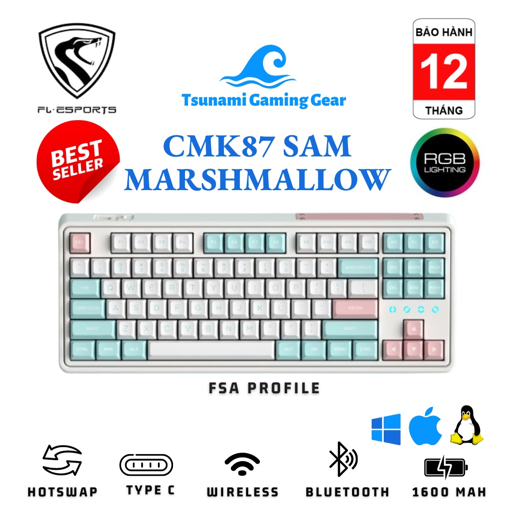 Bàn phím cơ FL-Esports CMK87 Marshmallow RGB I Hotswap I Type C I Wireless I Bluetooth