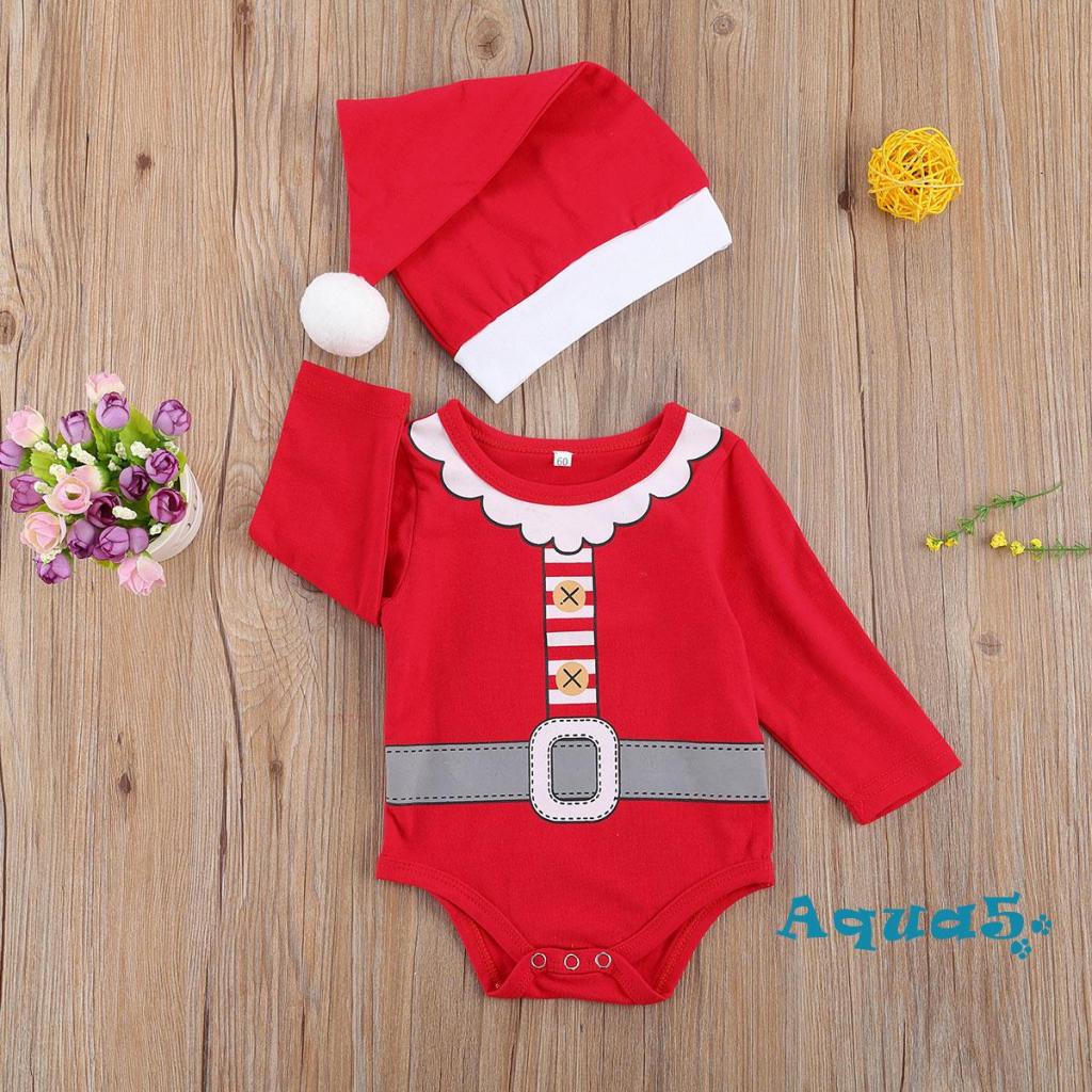 Bộ 2 Món Áo Liền Quần Tay Dài + Mũ Họa Tiết Giáng Sinh Dễ Thương Cho Bé