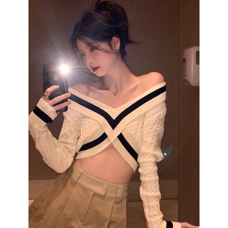 Áo Len Dài Tay Cổ Chữ V Họa Tiết Kẻ Sọc Thời Trang Hàn Quốc Cho Nữ