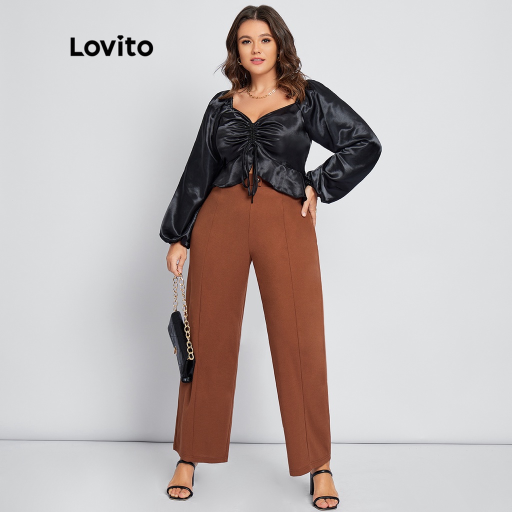 Quần Lovito plus size kết cấu khóa kéo có nút màu trơn phong cách thường ngày cho nữ LPS04057 (màu nâu)