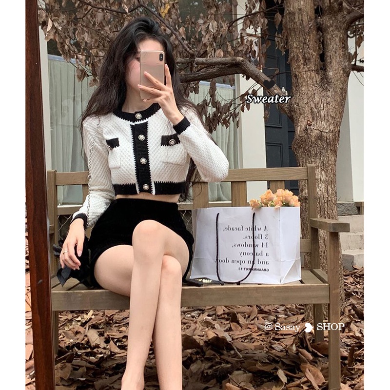 QADCOL Áo Khoác cardigan Dệt Kim Tay Dài Dáng Ngắn Phối Màu Tương Phản Thời Trang Hàn Quốc Cho Nữ