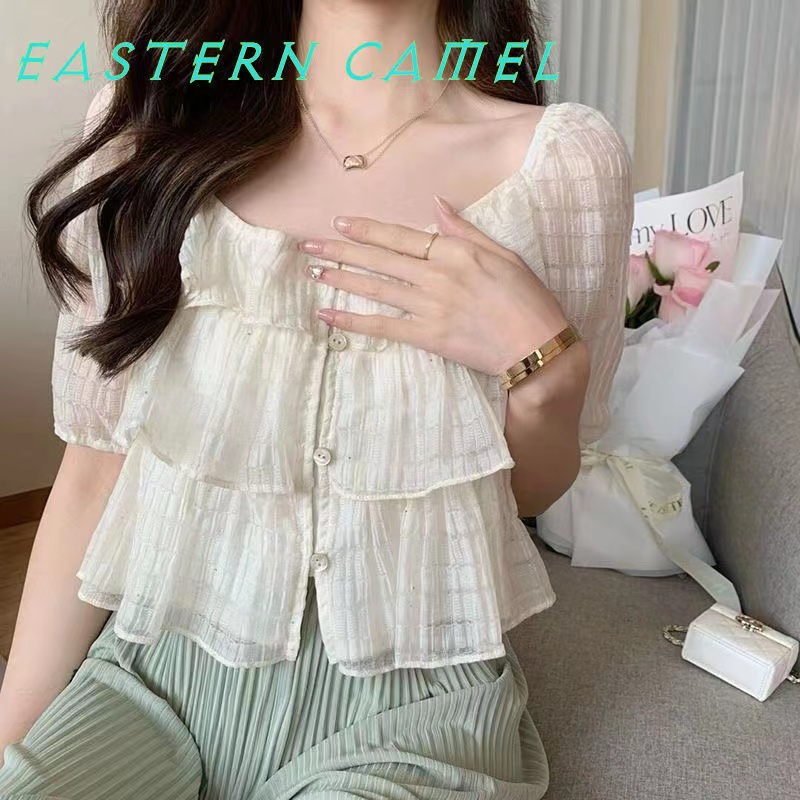 Áo Kiểu Tay Ngắn Cổ Vuông Phối Bèo Phong Cách retro Thời Trang Hàn Quốc Cho Nữ