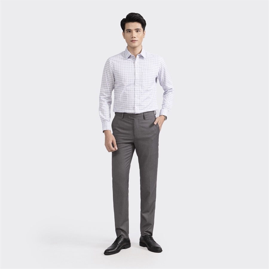 Áo sơ mi nam dài tay ARISTINO ALS06702 Somi công sở cao cấp màu trắng kẻ xám dệt dobby Vải sợi tre dáng suông có túi