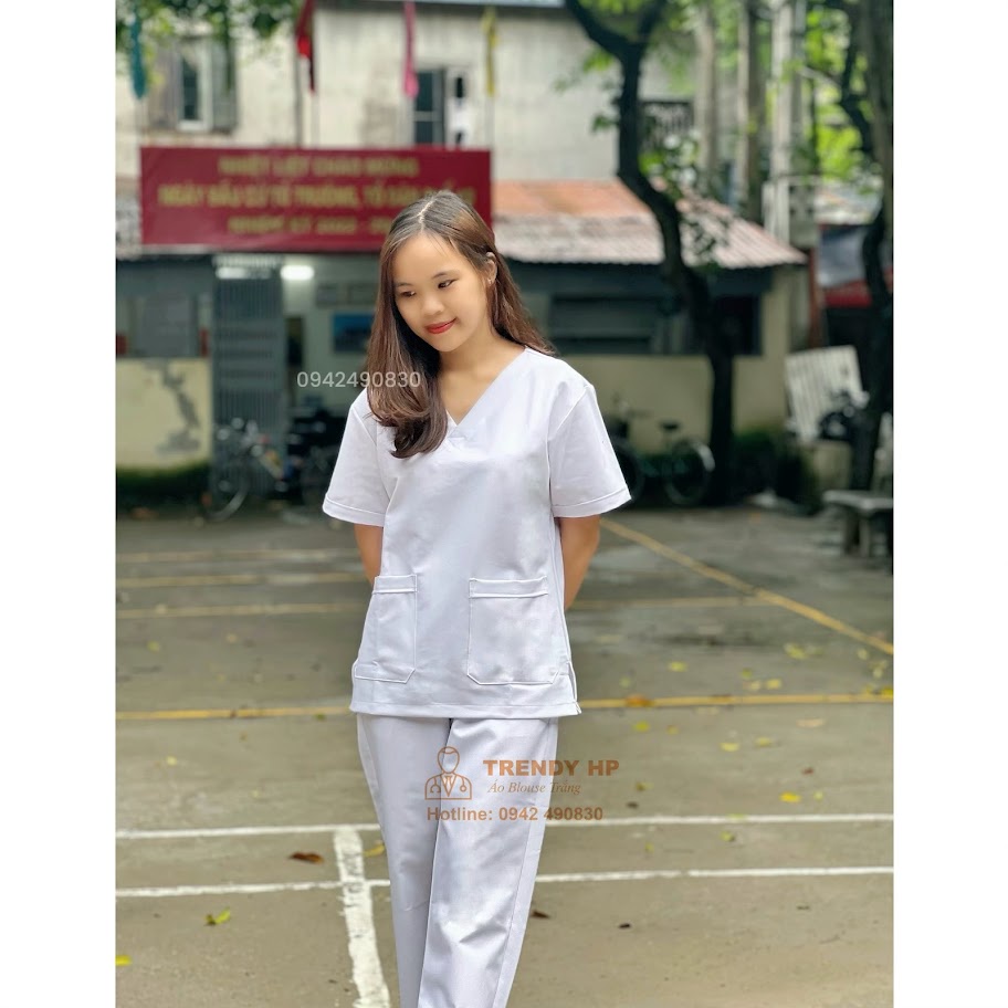Bộ blouse cổ tim chui MÀU TRẮNG Vải Cotton Cao Cấp đồng phục bệnh viện, y tá, kỹ thuật viên đồng phục Spa, Thẩm mỹ Viện