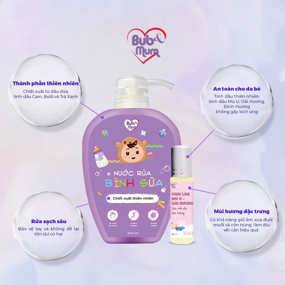 Combo Nước Rửa Bình Sữa Thiên Nhiên 500ml Và Chai Lăn Tinh Dầu Mù U - Oải Hương 10ml BuB&MuM