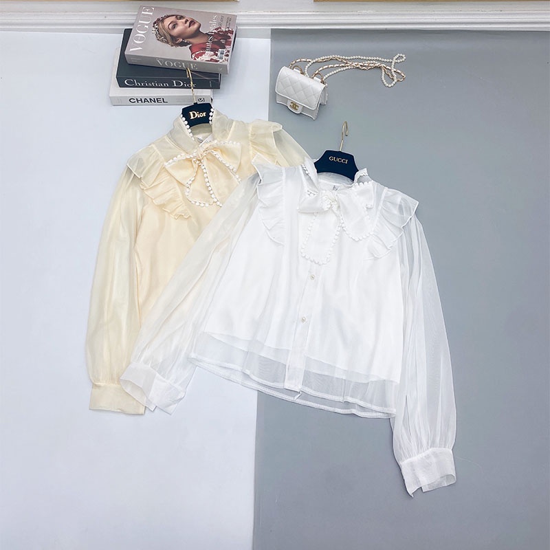 Áo Sơ Mi Tơ Tiểu Thư Cột Nơ Viền Cúc Ngọc Hàng Quảng Châu AP048- Lolla_Fashion