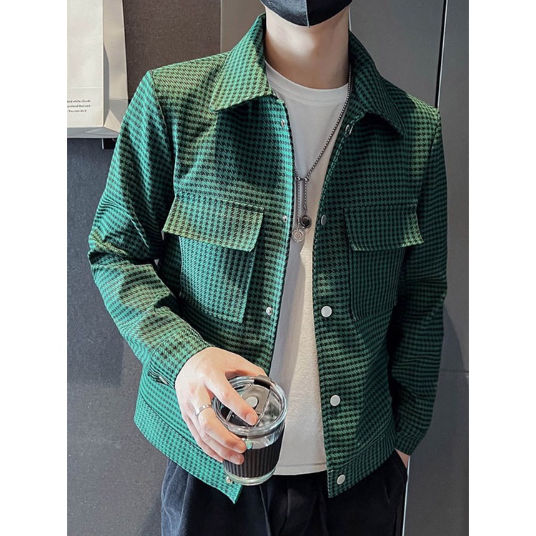 Jaket Áo Khoác Sweater Mùa Thu Cao Cấp Kẻ Sọc Caro Màu Xanh Lá Phong Cách Hàn Quốc Sang Trọng Cho Nam