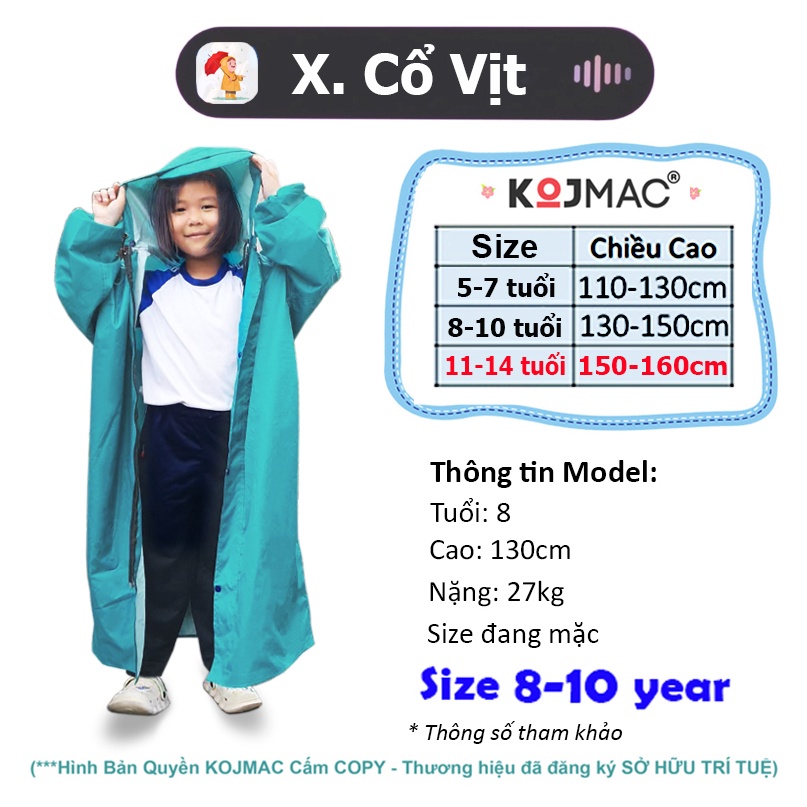 Áo Mưa Trẻ Em Bít Hông Kín Người Dây Kéo Khóa Tiện Lợi