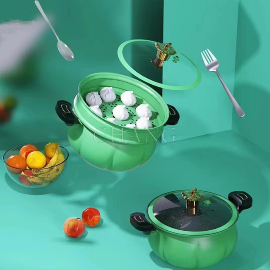Nồi Áp Suất Chống Dính Maifan Hình Bí Ngô 3.5L Đường Kính 28Cm Nắp Kính Trong Suốt Kèm Giá Hấp Cao Cấp