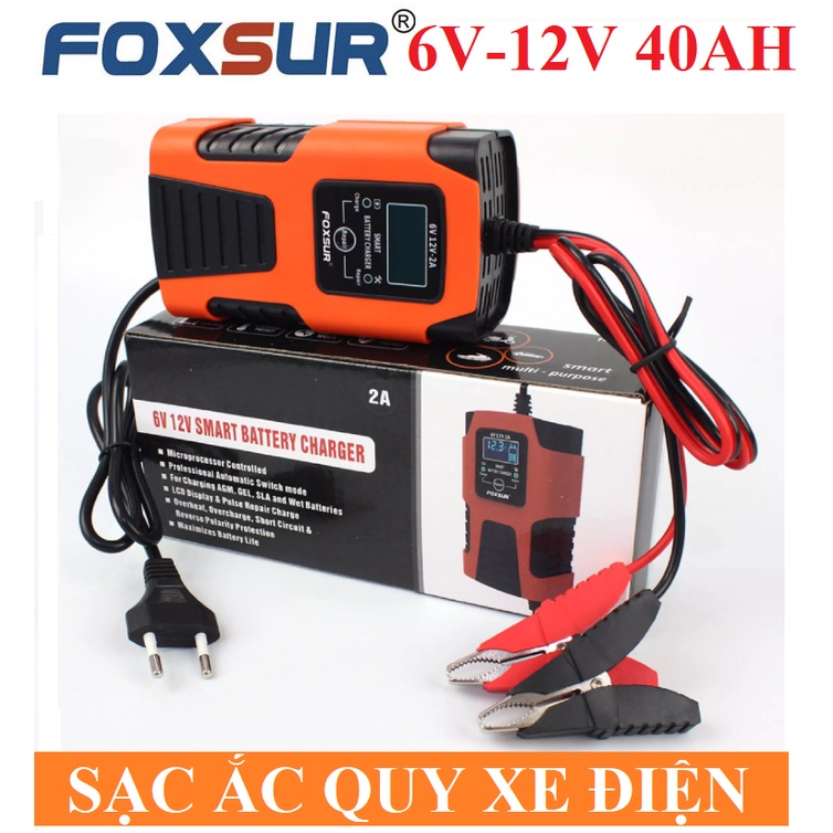 Sạc ắc quy xe điện 6V 12V 2AH-40AH FOXSUR có chức năng khử sunfat tự ngắt khi đầy chống ngược cực sạc bình ắc quy 12v