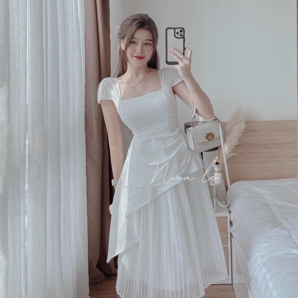 Sét Đồ Nữ Đẹp ⚡𝙎𝙄𝙀̂𝙐 𝙎𝘼𝙇𝙀⚡ Sét Bộ Áo Bèo Cổ Vuông Đũi Lụa Kèm Chân Váy Voan Dập Ly Mềm Mịn Thoáng Mát - 100327