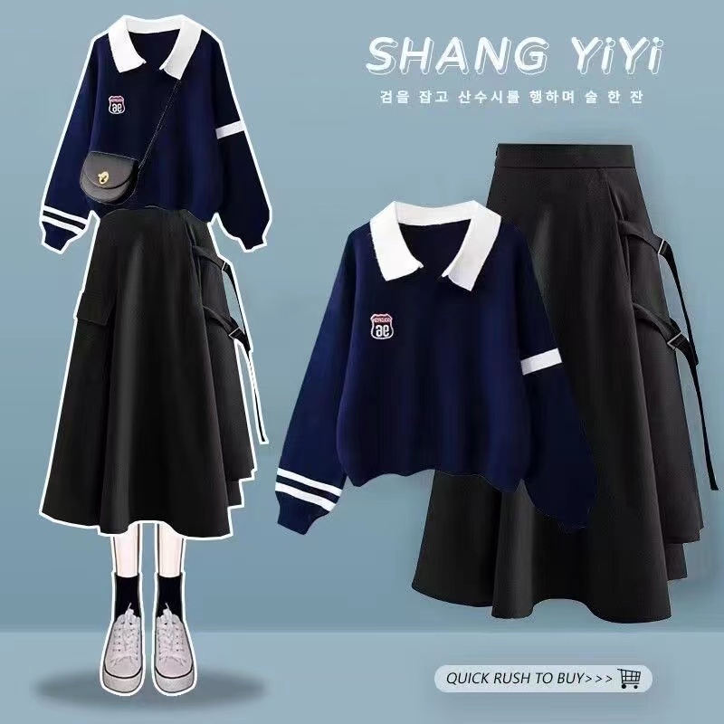 Set Áo Thun polo Dài Tay + Chân Váy Xòe Thời Trang Hàn Cho Nữ