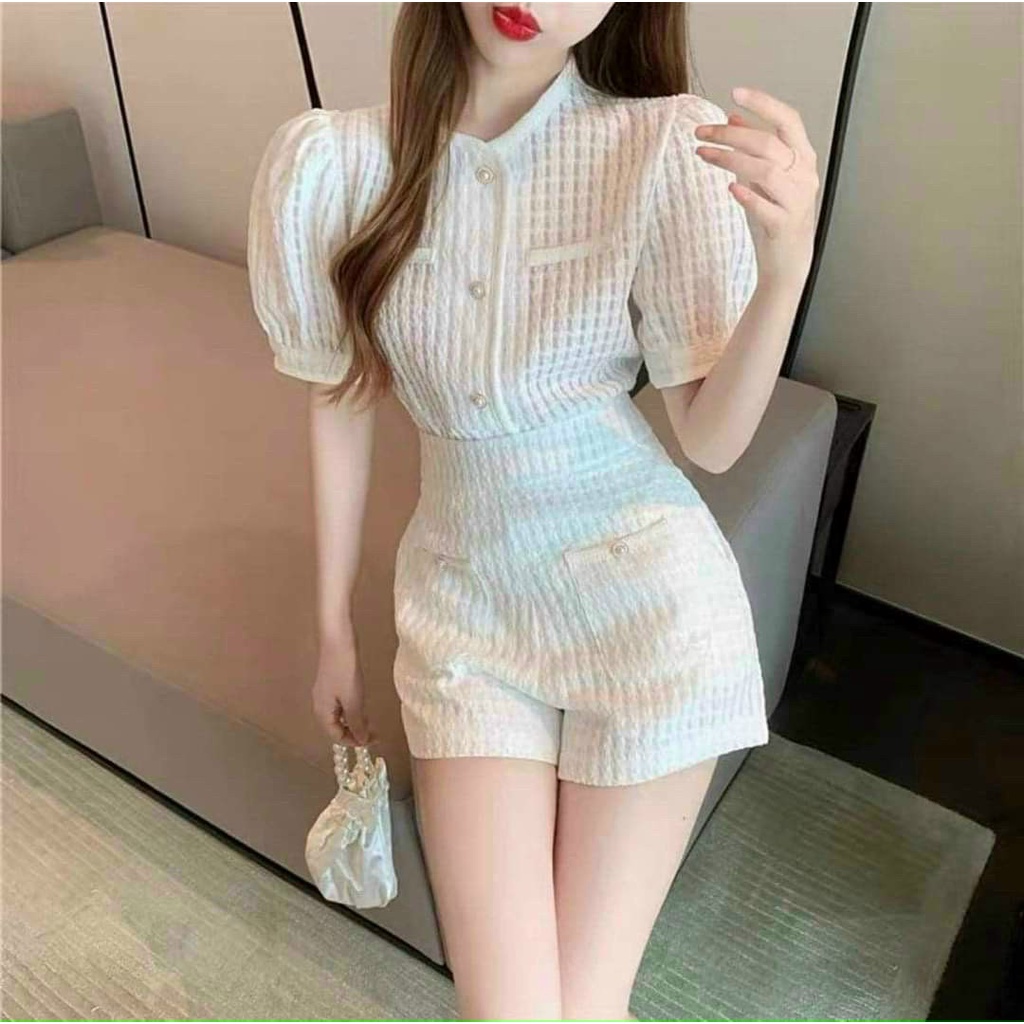 [11.11 Sale Freeship] Set bộ tiểu thư nữ,set bộ gấm xốp quần cạp cao có túi áo phối viền tay ngắn phong cách hàn quốc