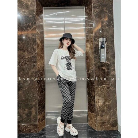 [11.11 Sale Freeship] Set bộ thun nữ,set bộ áo cổ tròn tay  in hình gấu chữ mix quần kẻ caro có túi ống túm xinh xắn mtb