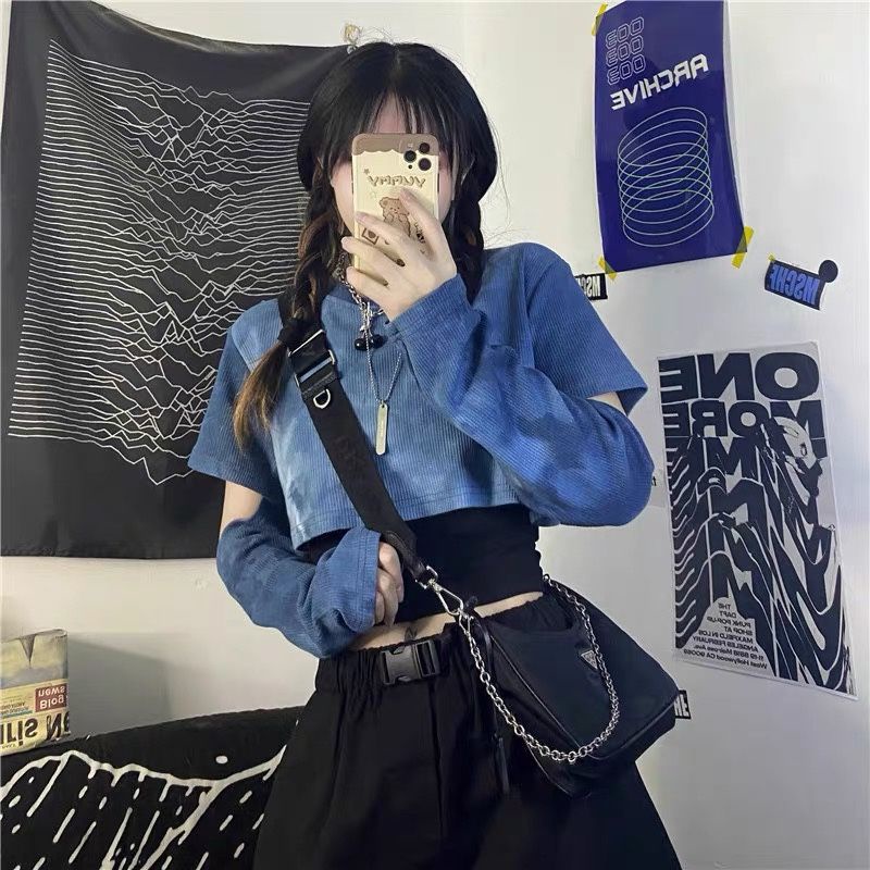 Set áo croptop giả hai lớp + áo thun tay dài thời trang nữ trẻ trung