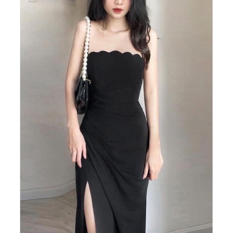 Đầm đen 2 dây phom body nhún eo