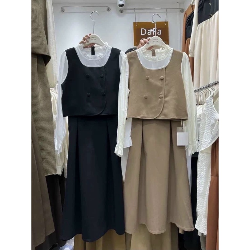 Set váy nhung cúc bọc hai màu phong cách Hàn Quốc nhẹ nhành siêu xinh. Meoow Closet