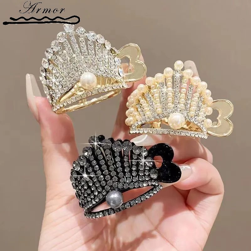 Kẹp Tóc Hình Vương Miện Đính Đá Và Ngọc Trai Phong Cách Hàn Quốc Sang Trọng Cho Nữ