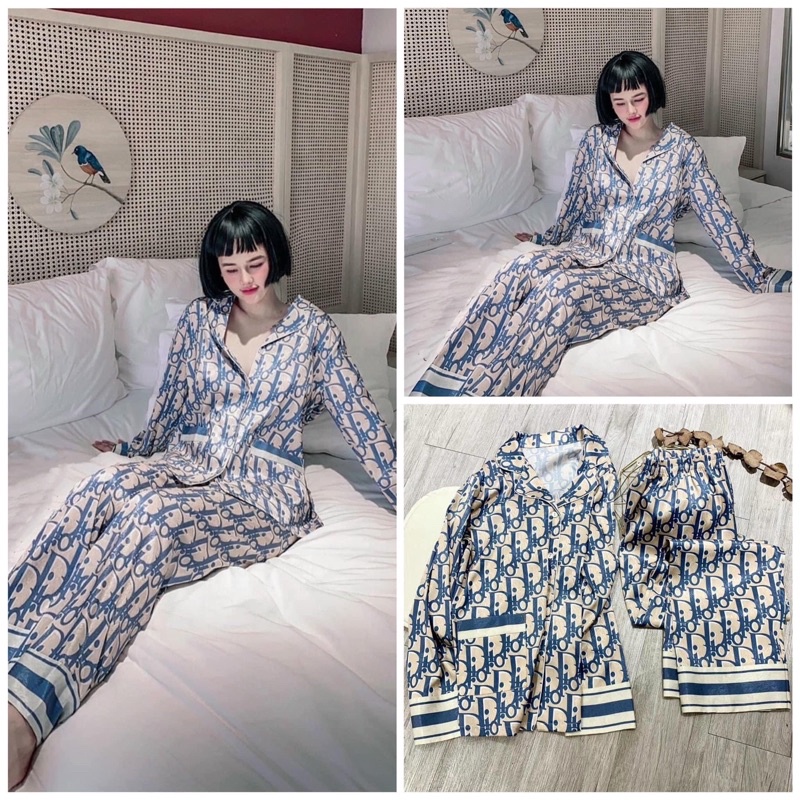 Pijama lụa xước Quảng Châu cao cấp tay dài do nhũ xanh