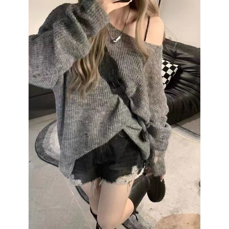 Jiashucheng Áo Sweater Dệt Kim Mỏng Tay Dài Dáng Rộng Rách Lỗ Rỗng Cỡ Lớn Thiết Kế Cá Tính Cho Nữ