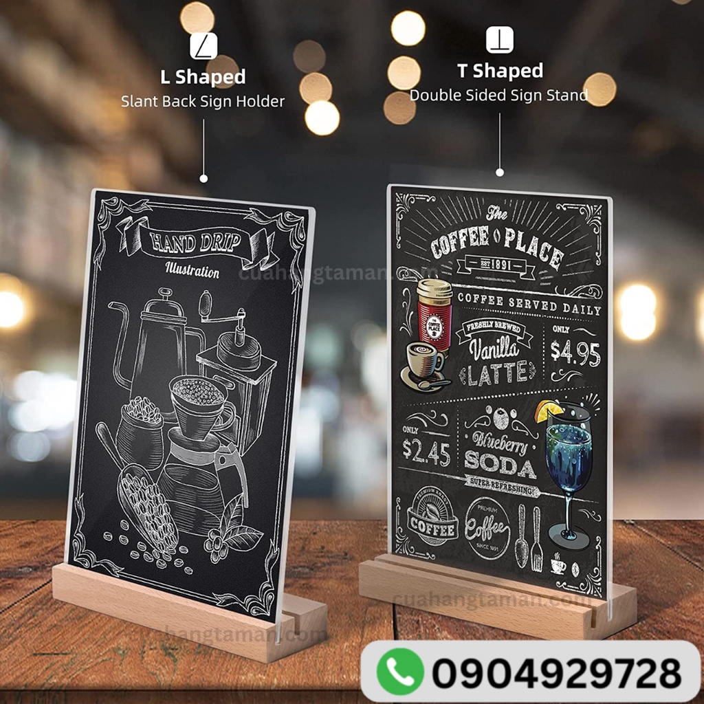 Menu Mica Đế Gỗ Tent Card Standee Cao Cấp