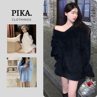 [CÓ SẴN ĐỦ MÀU] Váy len lông thỏ trễ vai PIKA.CLOTHINGG dáng rộng dấu quần hàn quốc, áo len lông thỏ hở vai dễ thương