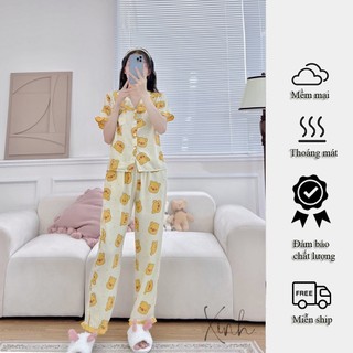Đồ bộ mặc nhà nữ Pijama cộc dài chất đũi cao cấp