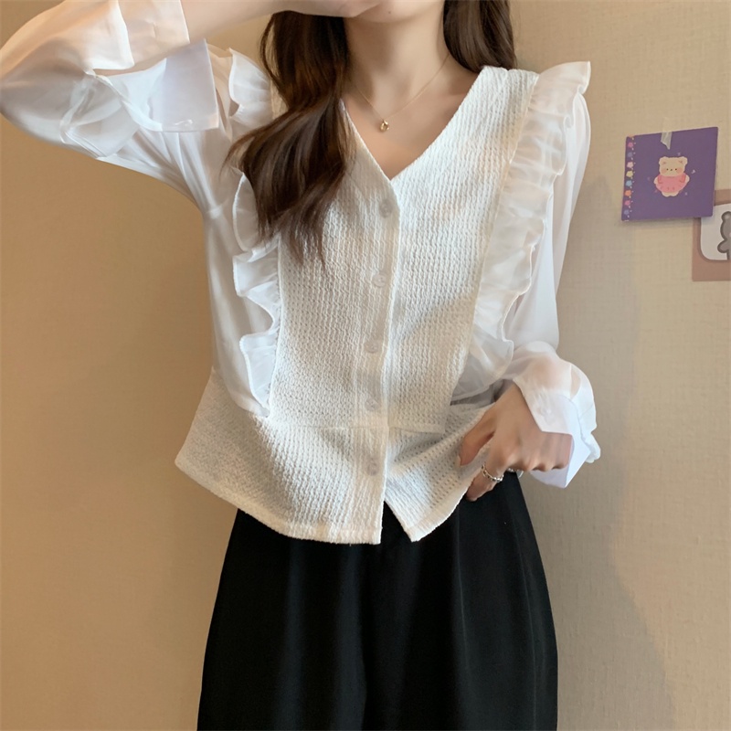 SUXI Áo Sơ Mi Tay Dài Dáng Rộng Cổ Chữ V Thiết Kế Đơn Giản Thời Trang Dành