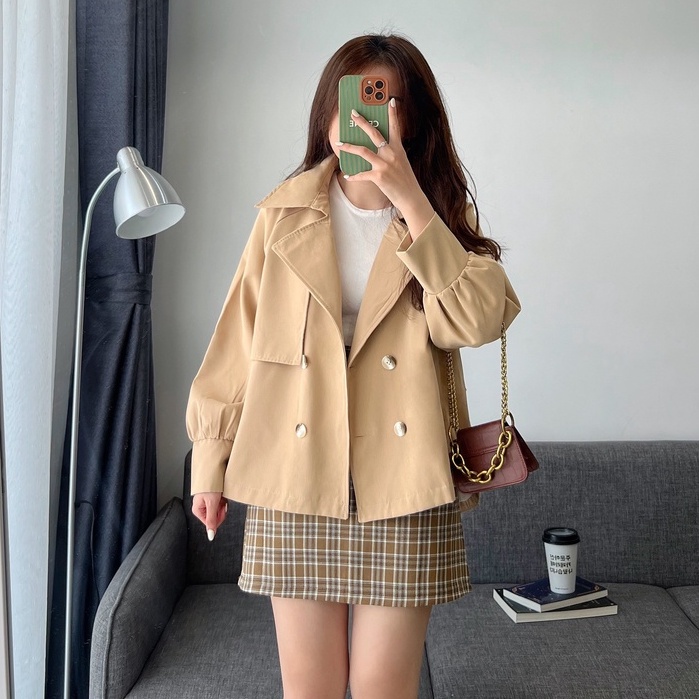 Áo Khoác Mangto hai lớp dáng ngắn croptop (Măng Tô) Đai Sườn, Áo Khoác Dáng Ngắn, dài Cổ Vest 2 lớp form rộng đai eo