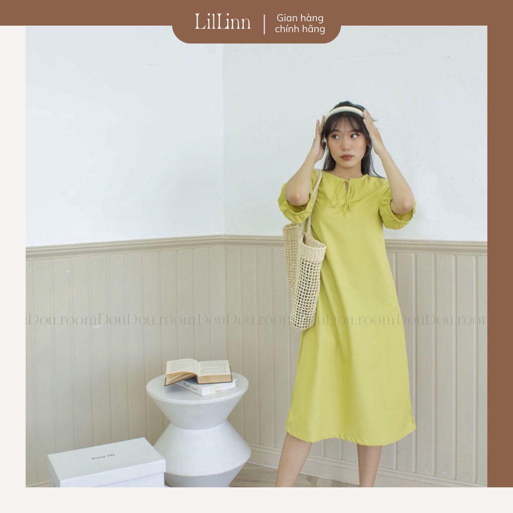 Đầm Nữ LilLinn Thời Trang, Đầm Suông Dài Vải Linen, Màu Xanh Bơ Form Rộng Che Tốt Khuyết Điểm