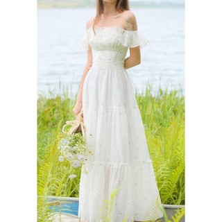 Đầm maxi trắng voan hoa nhí xếp ngực tay tiên bo eo Anna Dress vintage (Có thể mặc trễ vai)