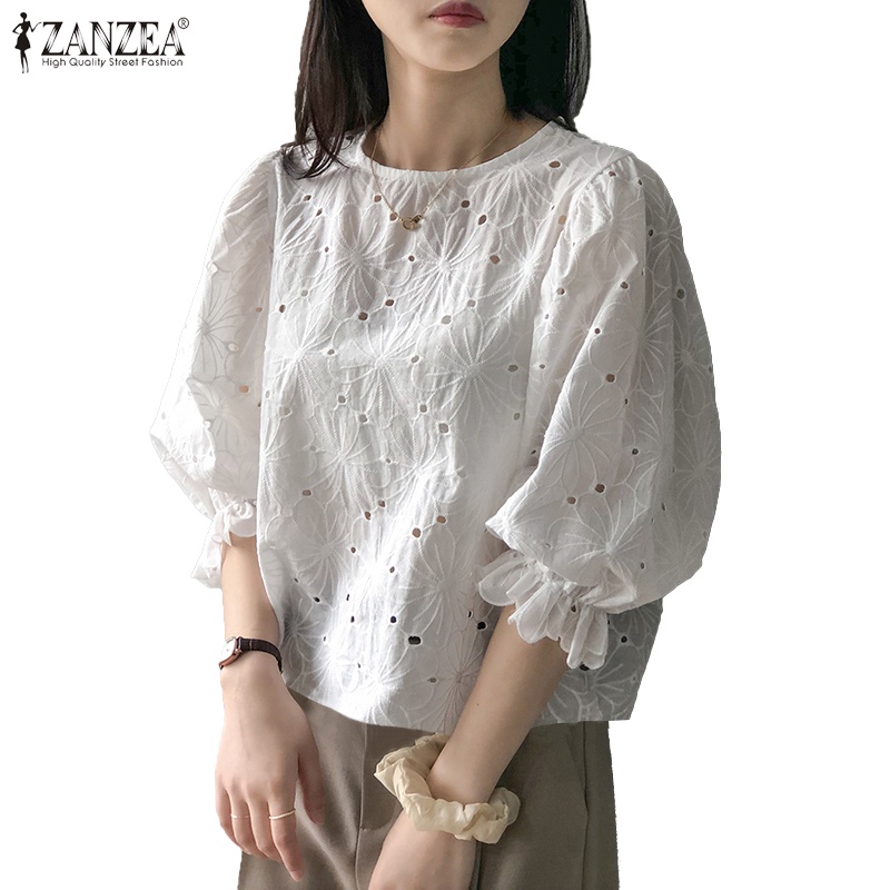 Zanzea Áo Sơ Mi Tay Phồng Cổ Tròn Phong Cách Hàn Quốc Dành Cho Nữ