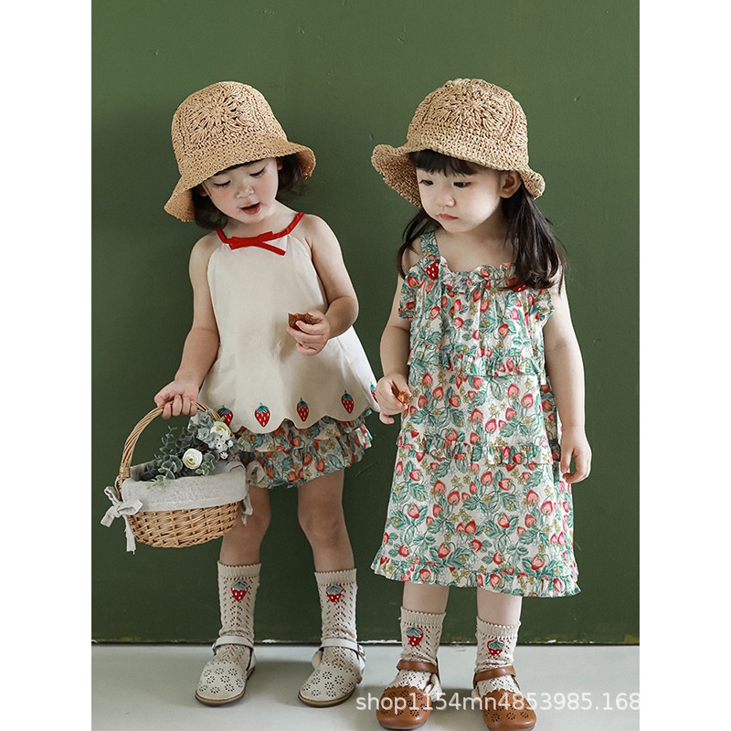 Bộ Áo Thun Ngắn Tay Cổ Búp Bê + Quần short In Họa Tiết Hoạt Hình Hoa Thời Trang Mùa Hè Cho Bé Gái