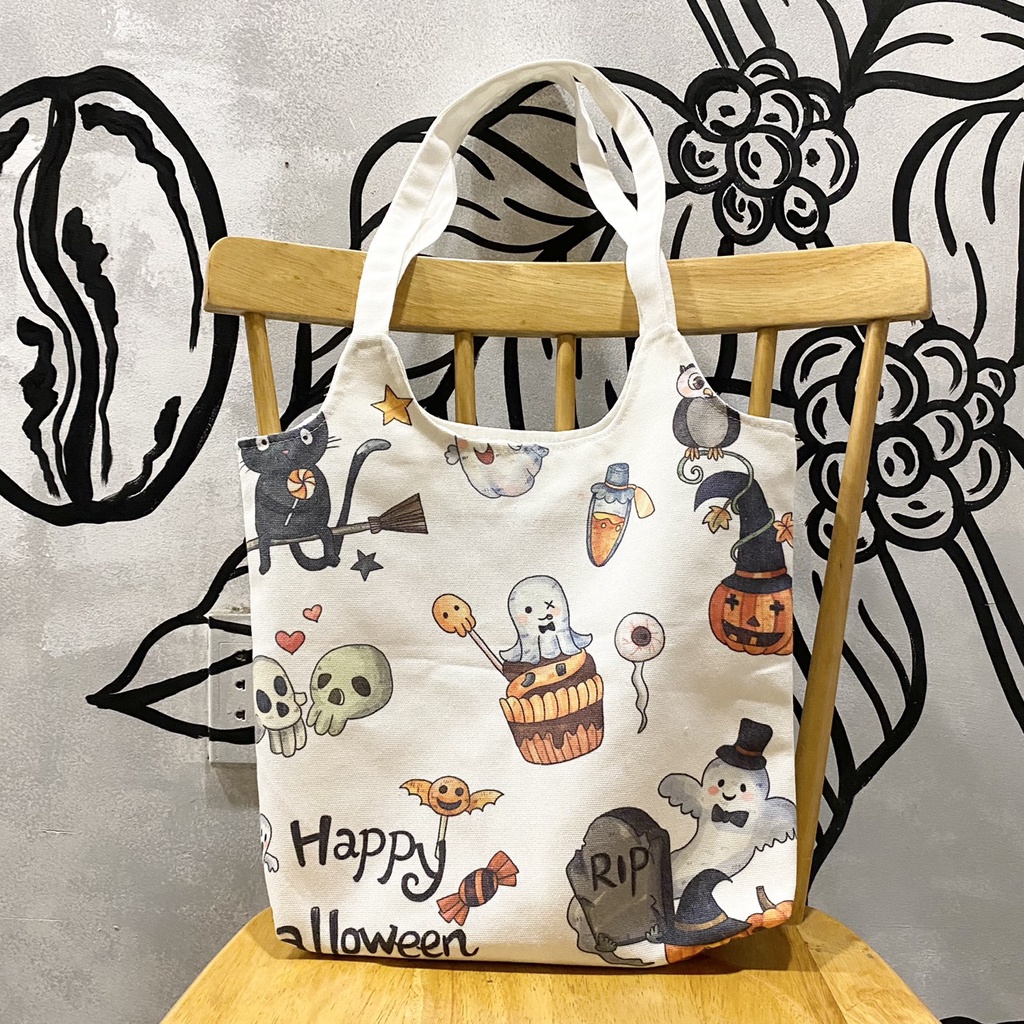 Túi tote, vải canvas 100% poli cao cấp, phong cách thời trang ulzzang, có khoá miệng xịn xò Halloween Cute