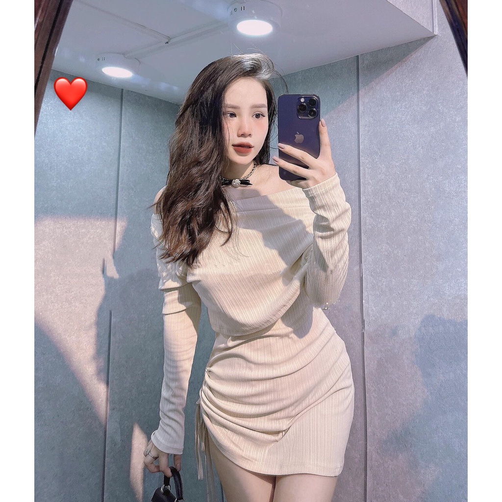 Đầm tay dài trễ vai ôm body dáng ngắn rút dây 1 bên cực hot , chất thun gân mềm mịn