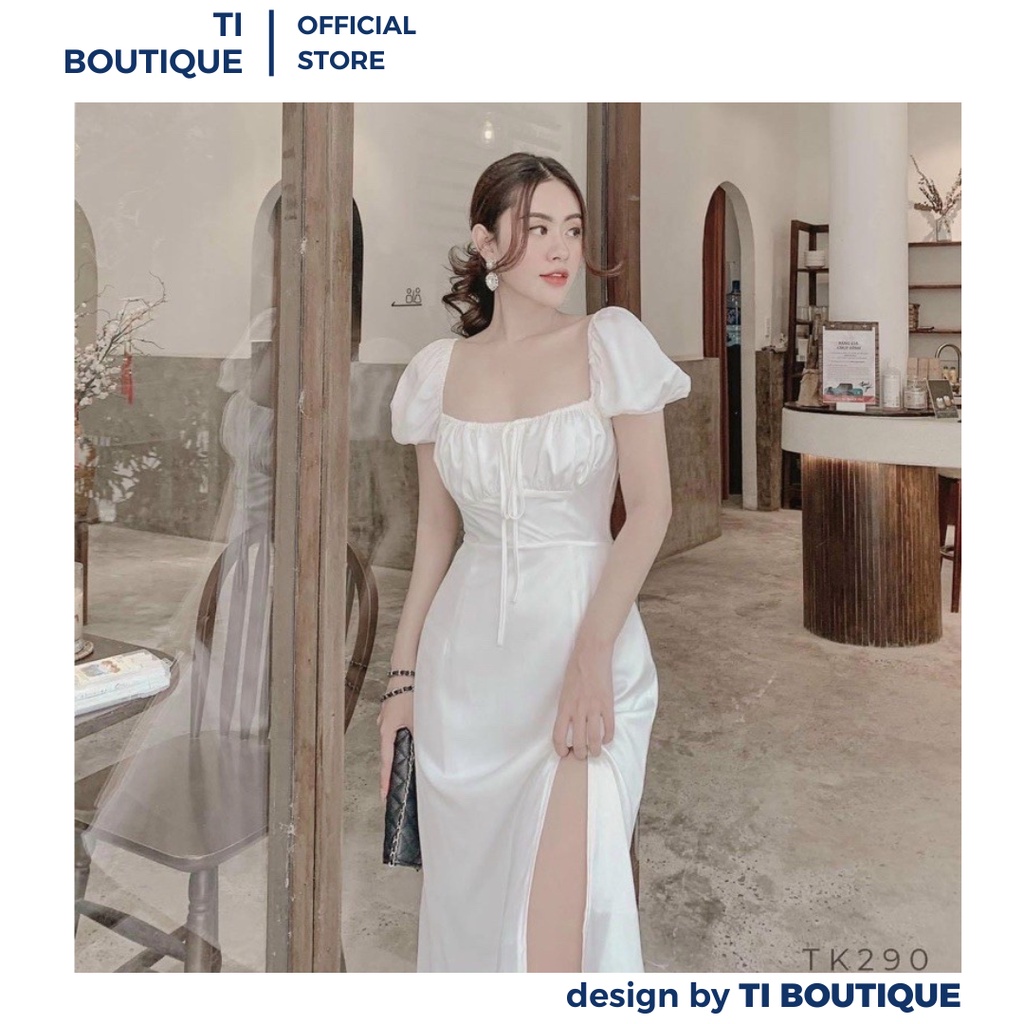 Đầm Dự Tiệc Cổ Vuông Nhún Thun Ngực Cột Nơ Tay Ngắn Phồng, Đầm Xinh Dáng Dài Xẻ Tà Sang Chảnh
