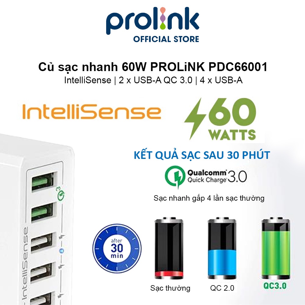 Củ sạc nhanh 60W PROLiNK PDC66001, 6 cổng 2xUSB-A QC 3.0 & 4xUSB-A, IntelliSense, sạc điện thoại, máy tính bảng, laptop