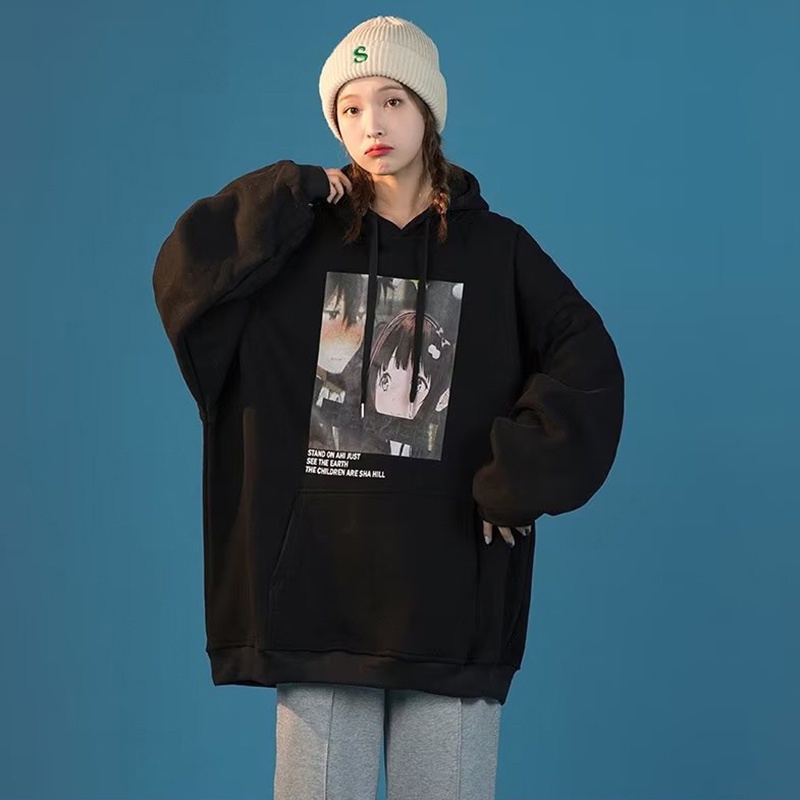 IELGY    Áo Hoodie Dáng Rộng In Họa Tiết Hoạt Hình Phong Cách Hong Kong Thời Trang Cho Nữ
