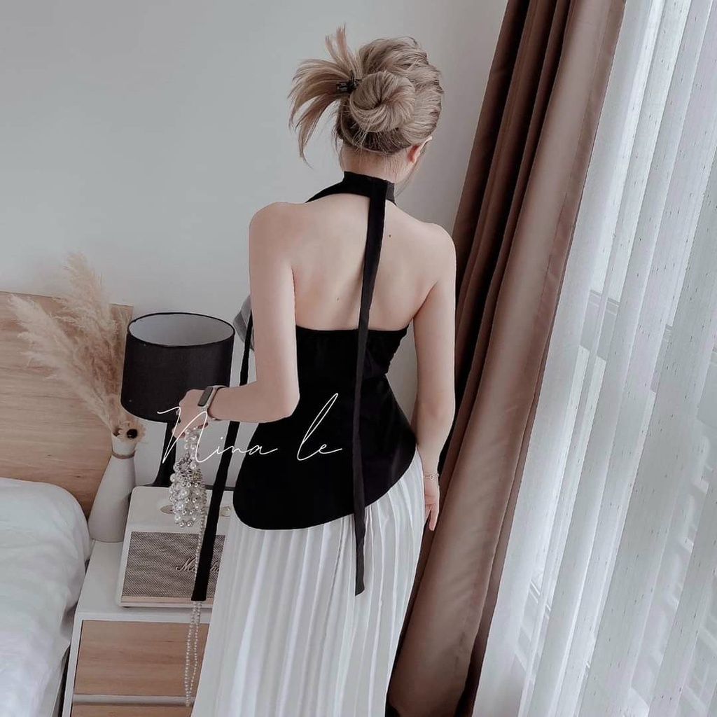 Set chân váy voan dập ly  kèm áo cột dây  sang chảnh