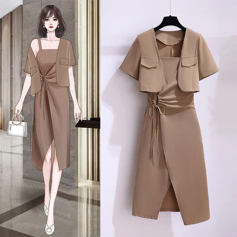 Set Nữ Bigsize , Set Đầm Dây Nhún Kèm Áo Khoác Vest Phong Cách Hàn Quốc Sang Trọng 50-90kg