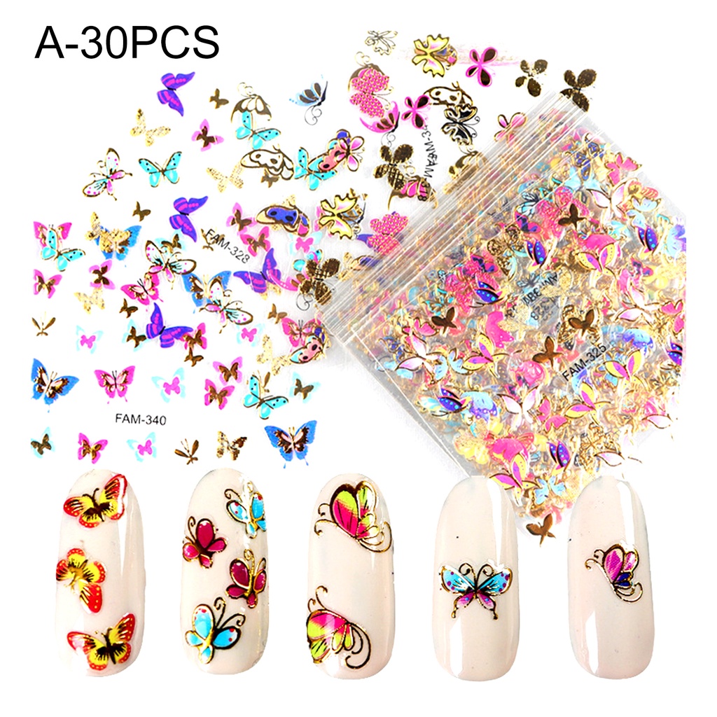 Bộ 30 Miếng Dán Trang Trí Móng Tay Hình Bướm 3D Nhiều Màu Sắc